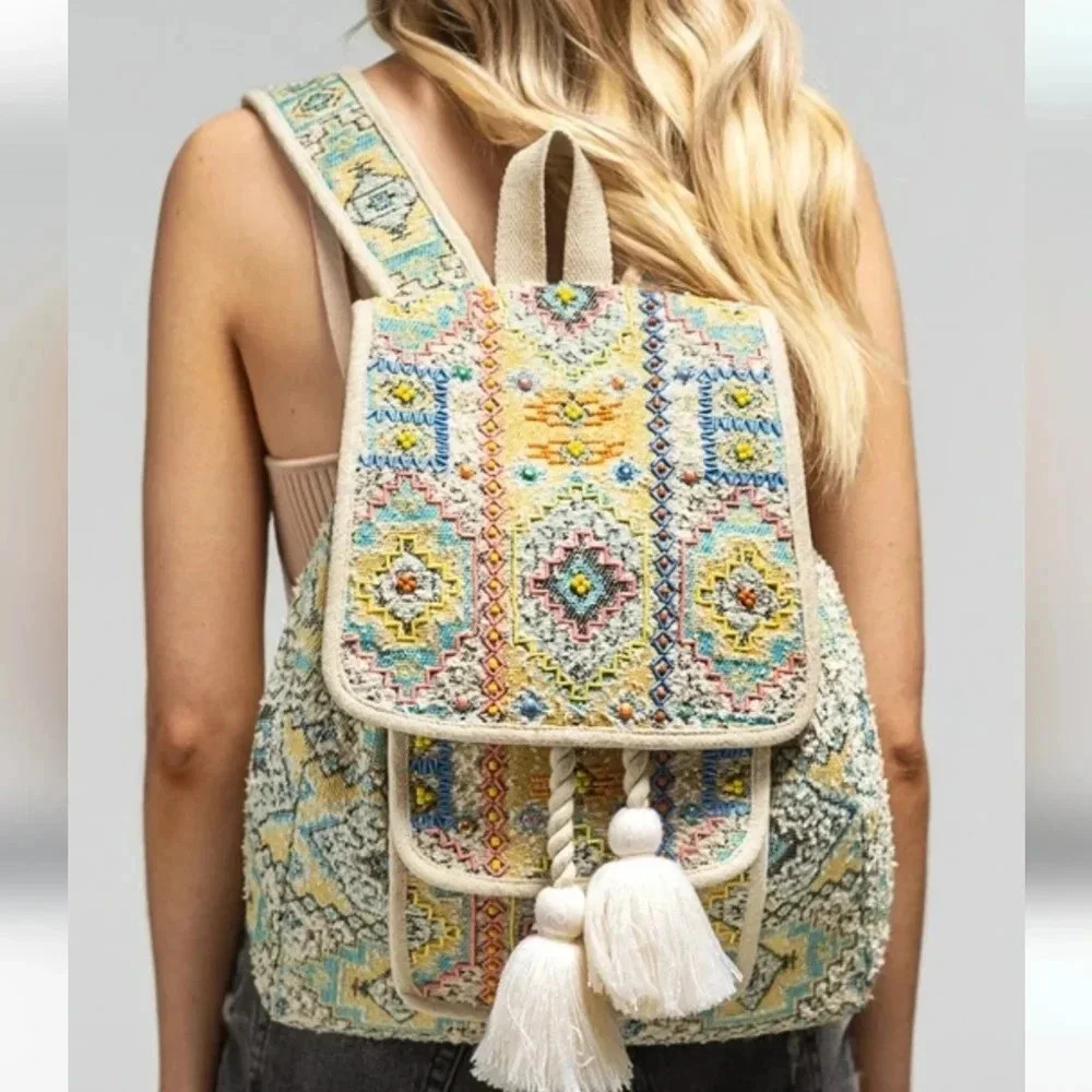 New! Boho Embroidered Jacquard Backpack - Picture 2 of 12